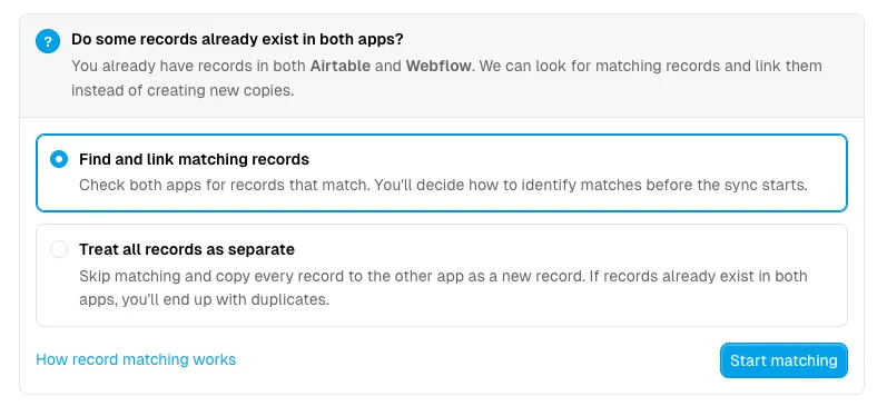 The Activate step asks whether records already exist in both apps before matching.