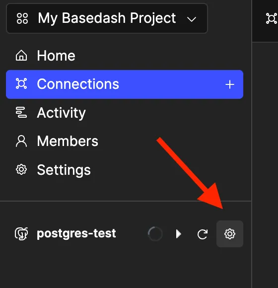 Screenshot of the settings icon for a database connection in Basedash
