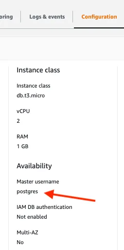 Screenshot of AWS RDS database configuration