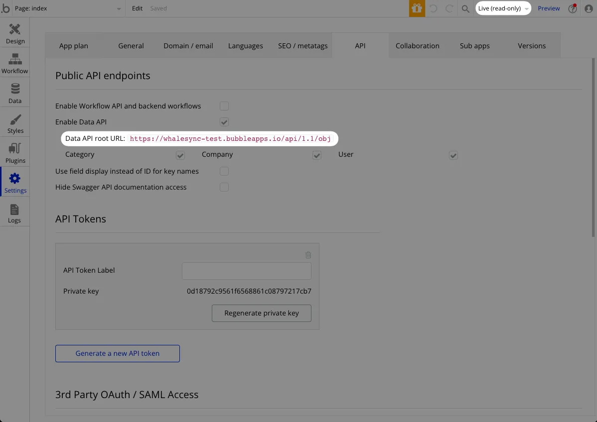Screenshot of the Bubble API settings page with the API URL