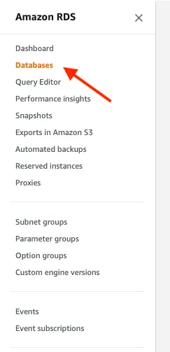 Screenshot of the AWS RDS side panel