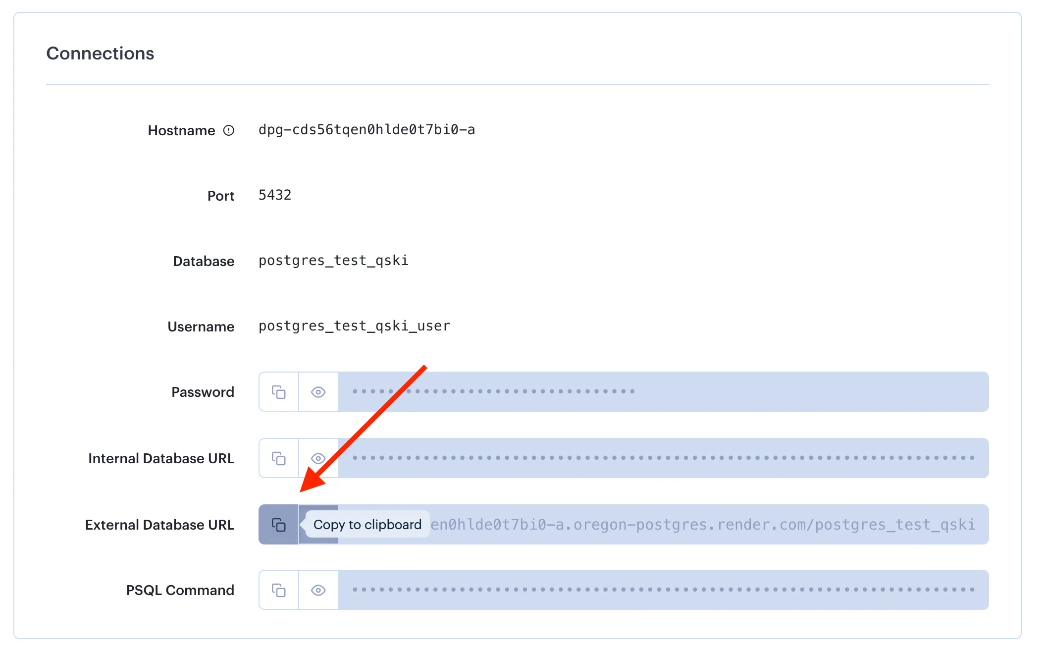 Screenshot of the Render database connections section with the external database URL