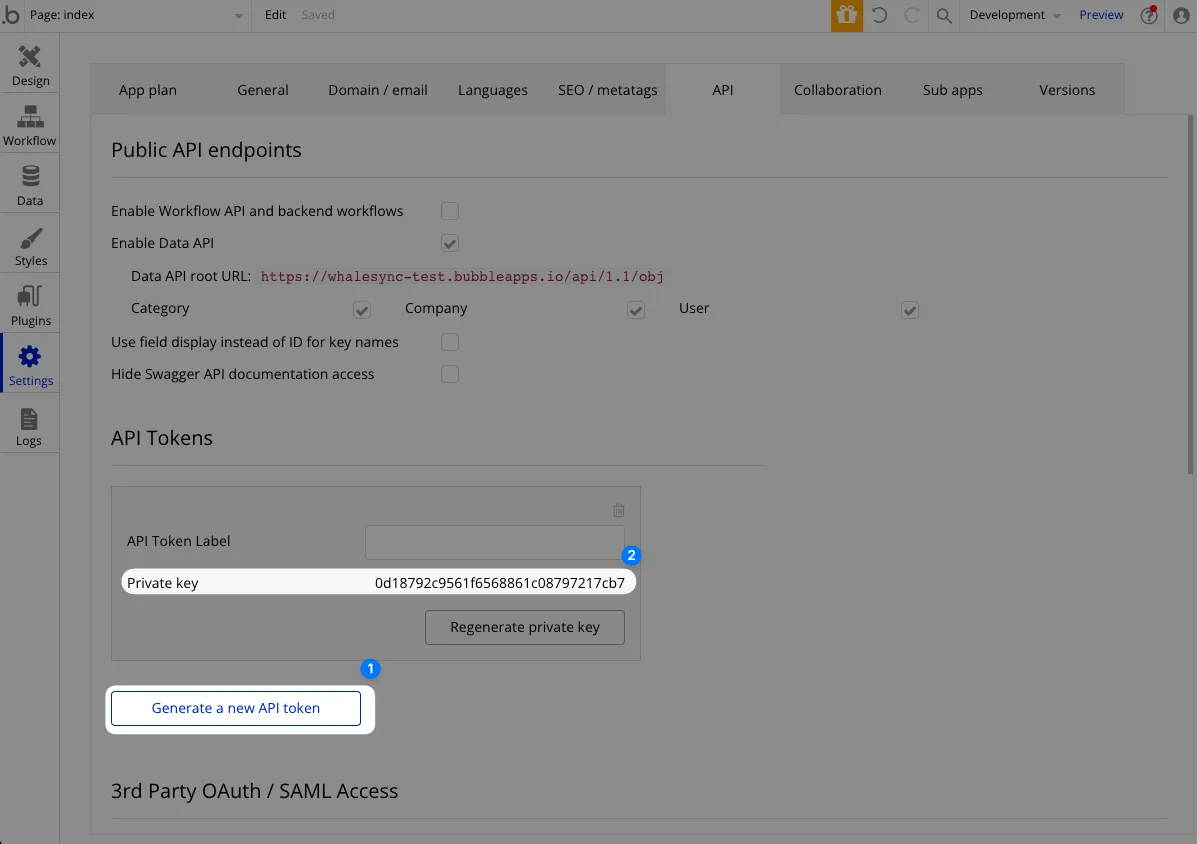 Screenshot of the Bubble API settings page with the API key