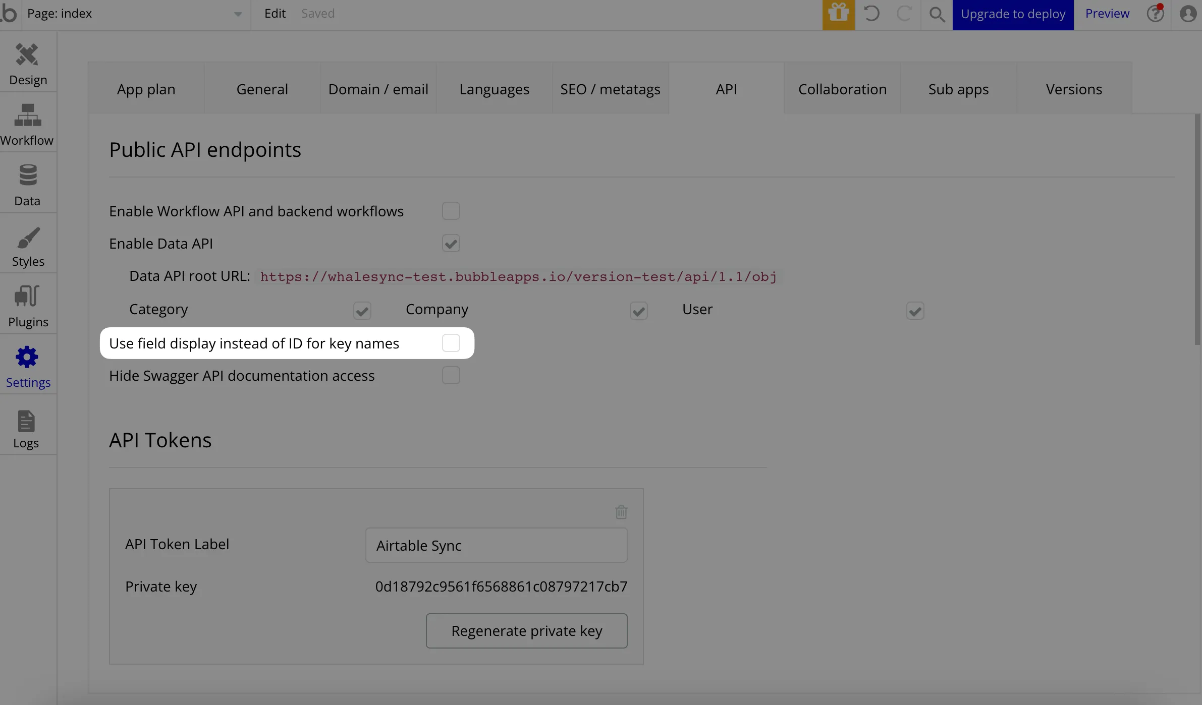 Screenshot of the Bubble API settings page with the "Use field display instead of ID for key names" option unchecked