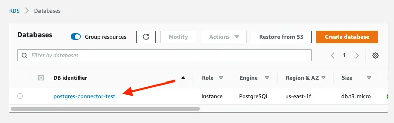 Screenshot of the AWS RDS database list