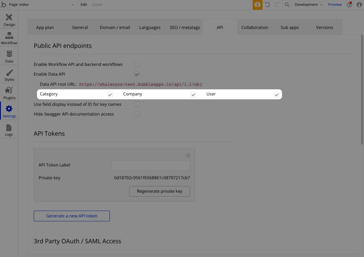 Screenshot of the Bubble API settings page data types