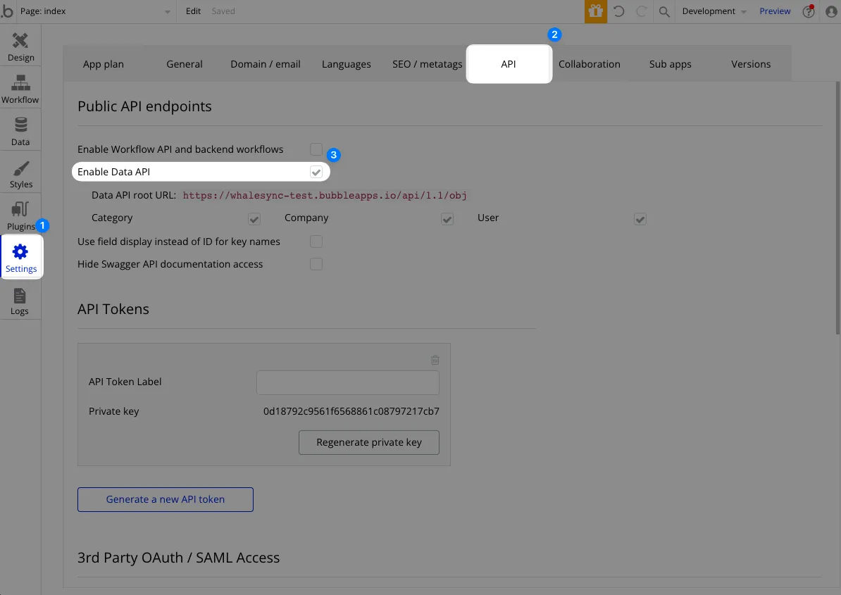 Screenshot of the Bubble API settings page