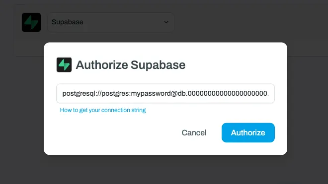Screenshot of the Whalesync Supabase connection dialog