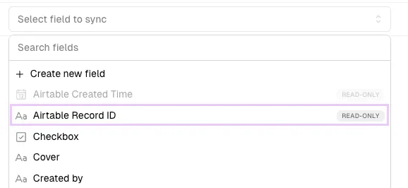 The field picker in the mapper showing the read-only Airtable Record ID field