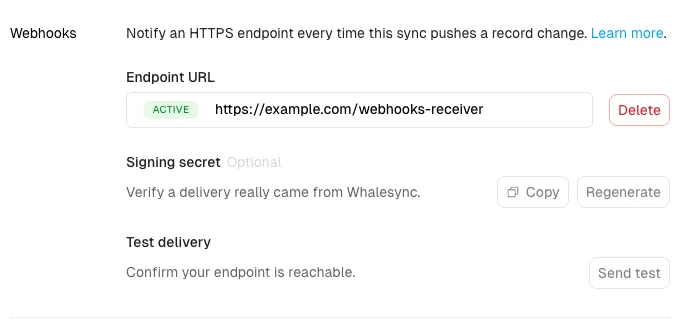 The Webhooks section under a sync's Settings tab