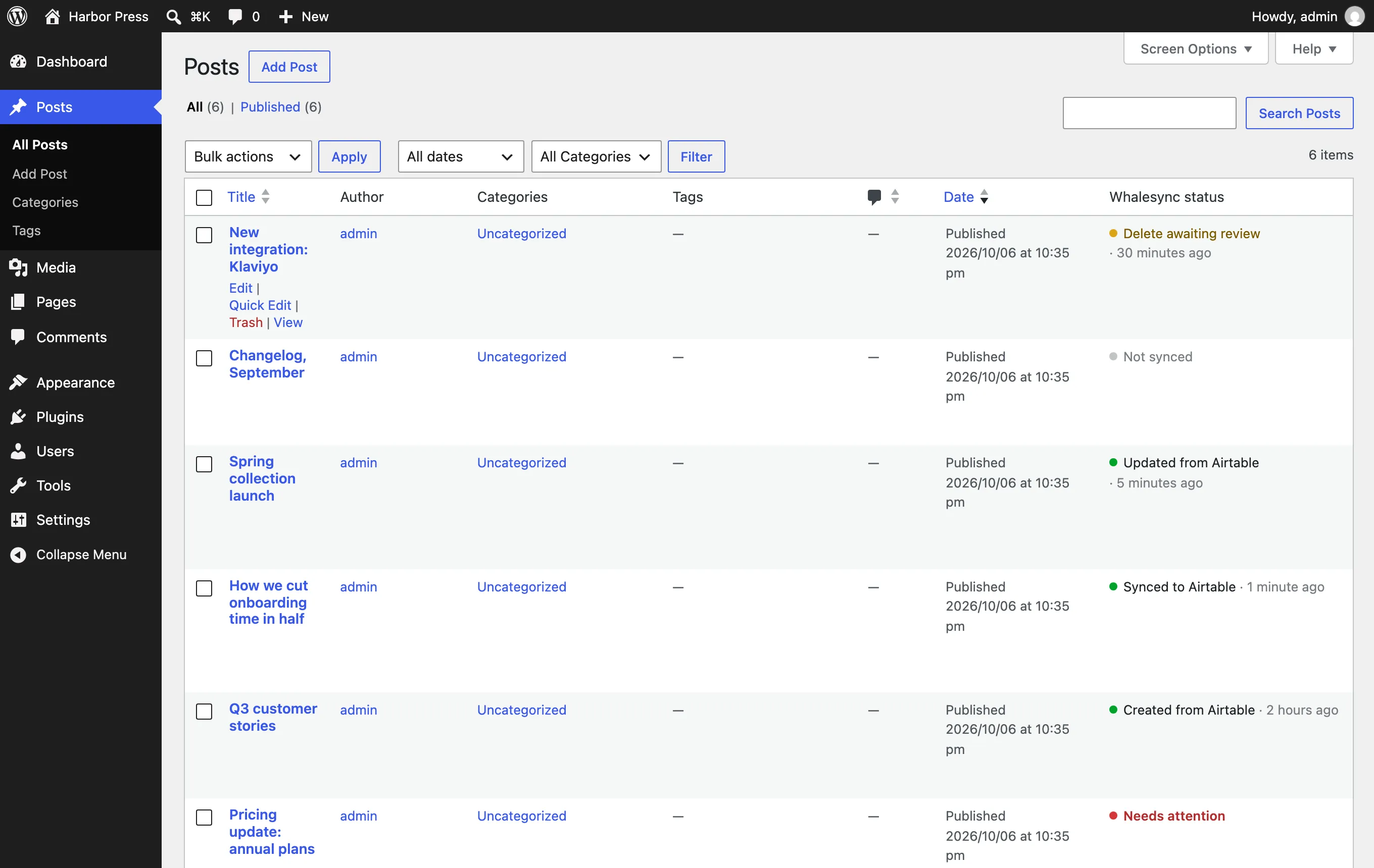 The WordPress posts list with a Whalesync status column showing each post's last sync event
